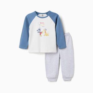 Conjunto pijama bebé niño Zippy Baby Disney sudadera blanco roto azul claro Mickey Pluto estampado texto MICKEY and PLUTO say hi automáticos hombro pantalón gris claro jaspeado cintura elástica bajos acanalados
