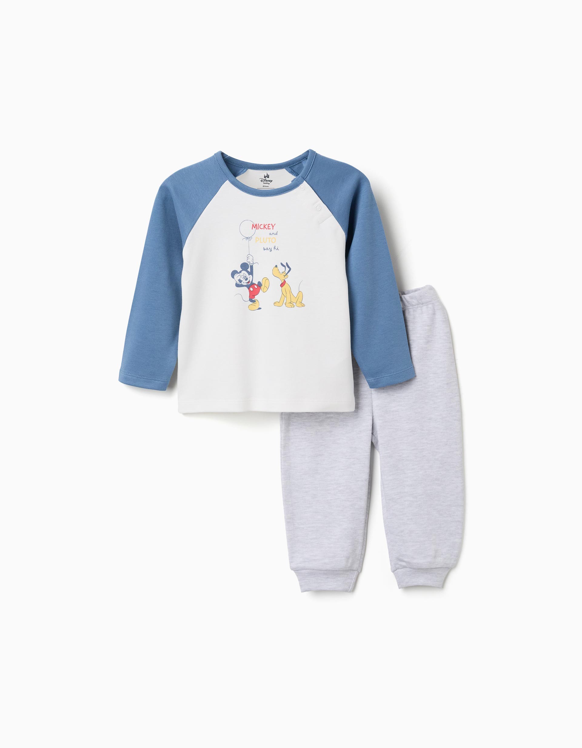 Conjunto pijama bebé niño Zippy Baby Disney sudadera blanco roto azul claro Mickey Pluto estampado texto MICKEY and PLUTO say hi automáticos hombro pantalón gris claro jaspeado cintura elástica bajos acanalados
