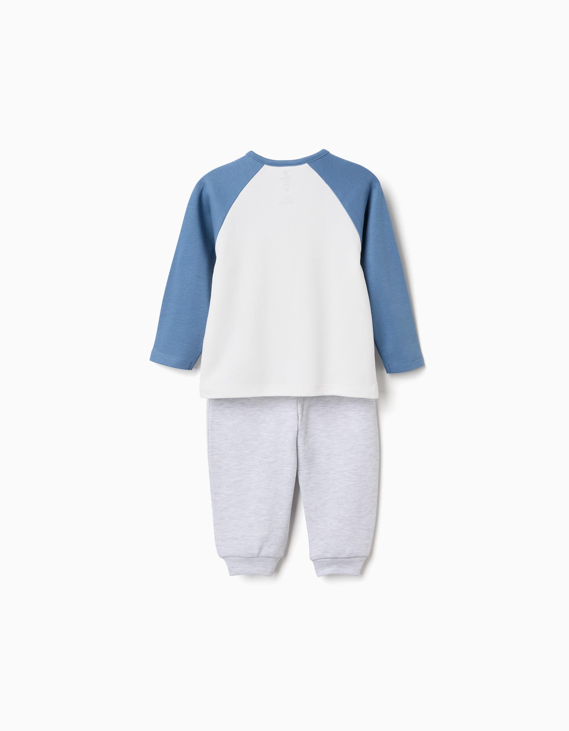 Conjunto pijama bebé niño Zippy Baby Disney sudadera blanco roto azul claro Mickey Pluto estampado texto MICKEY and PLUTO say hi automáticos hombro pantalón gris claro jaspeado cintura elástica bajos acanalados