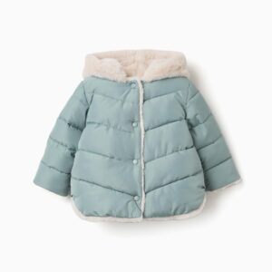Abrigo Plumífero bebé niña Zippy Baby verde menta agua chaqueta acolchada capucha fija forro pelo sintético crema beige claro borde frontal bajo pelo cierre botones presión ocultos bolsillos laterales mangas largas puños pelo sintético poliéster reciclado
