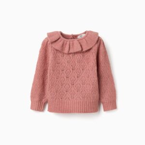 Jersey bebé niña ZY Baby Collection punto calado rosa empolvado rosa viejo cuello redondo volante punto patrón rombos hojas mangas largas puños acanalados bajo acanalado botón madera espalda