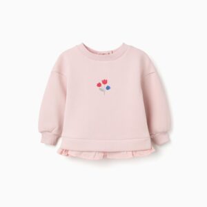 Sudadera bebé niña rosa empolvado rosa claro cuello redondo bordado tres flores rojas azules volante bajo acanalado botones presión espalda mangas largas abullonadas puños acanalados Zippy