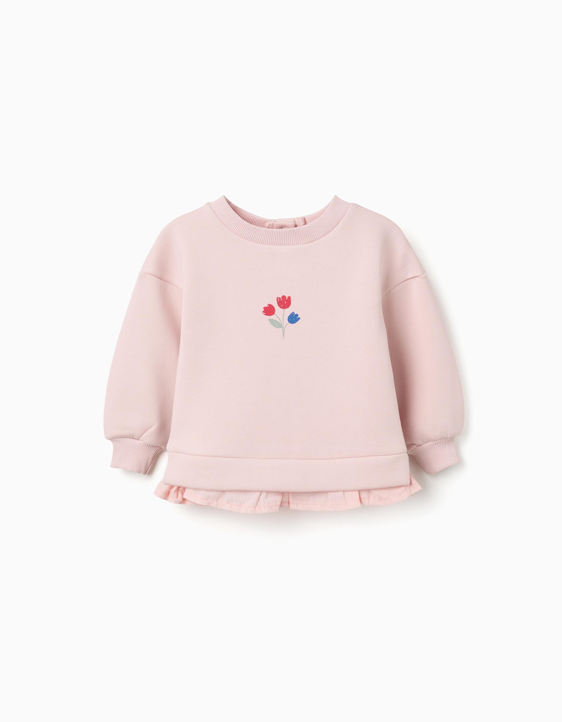Sudadera bebé niña rosa empolvado rosa claro cuello redondo bordado tres flores rojas azules volante bajo acanalado botones presión espalda mangas largas abullonadas puños acanalados Zippy