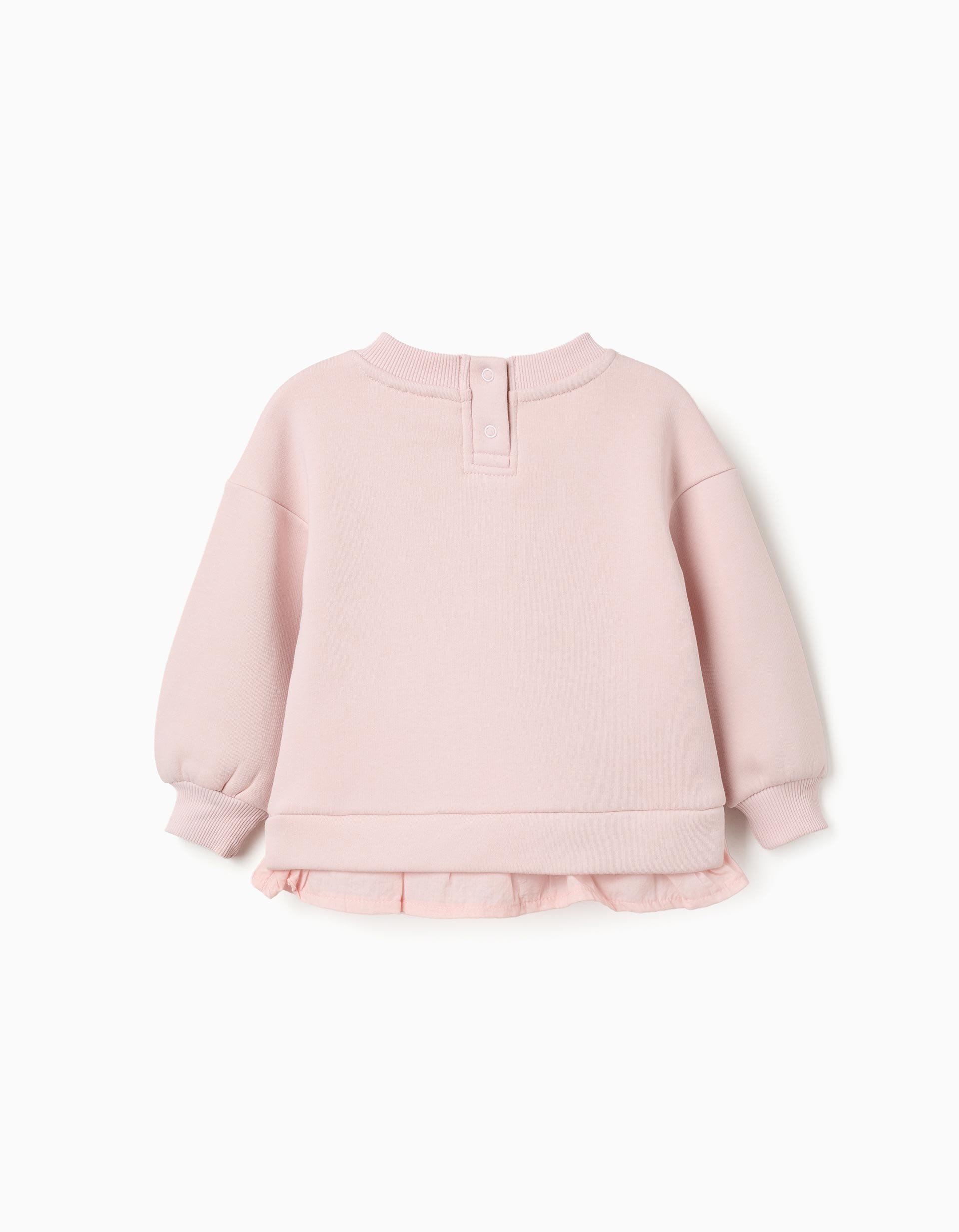 Sudadera bebé niña rosa empolvado rosa claro cuello redondo bordado tres flores rojas azules volante bajo acanalado botones presión espalda mangas largas abullonadas puños acanalados Zippy