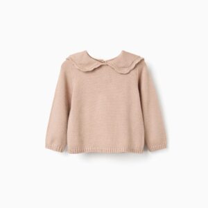Jersey bebé niña punto beige camel cuello volantes abertura delantera botones blancos nacarados mangas largas puños bajo acanalados