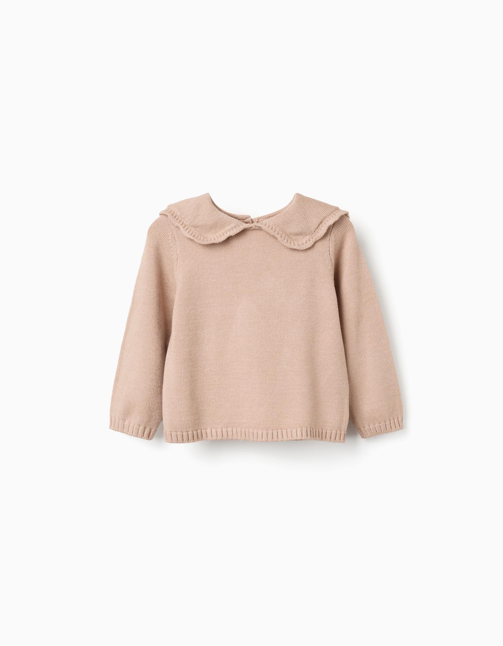 Jersey bebé niña punto beige camel cuello volantes abertura delantera botones blancos nacarados mangas largas puños bajo acanalados