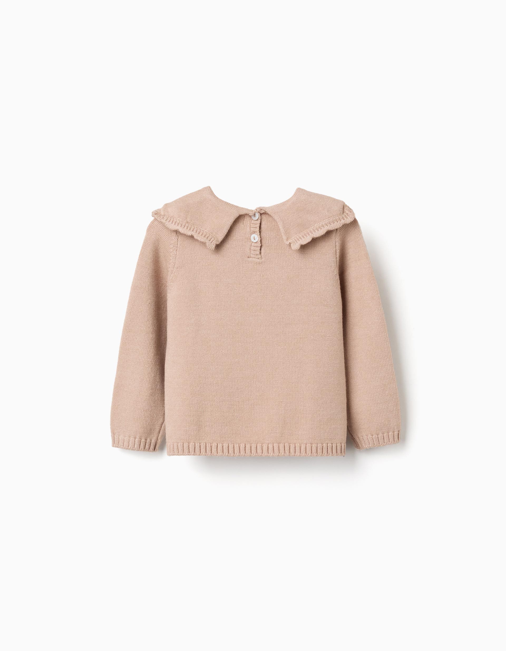 Jersey bebé niña punto beige camel cuello volantes abertura delantera botones blancos nacarados mangas largas puños bajo acanalados