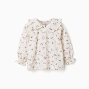 Camisa bebé niña Zippy Baby Collection blanco roto crema manga larga estampado floral flores rosa burdeos azul verde cuello babero volante botones delanteros puños elásticos volante.