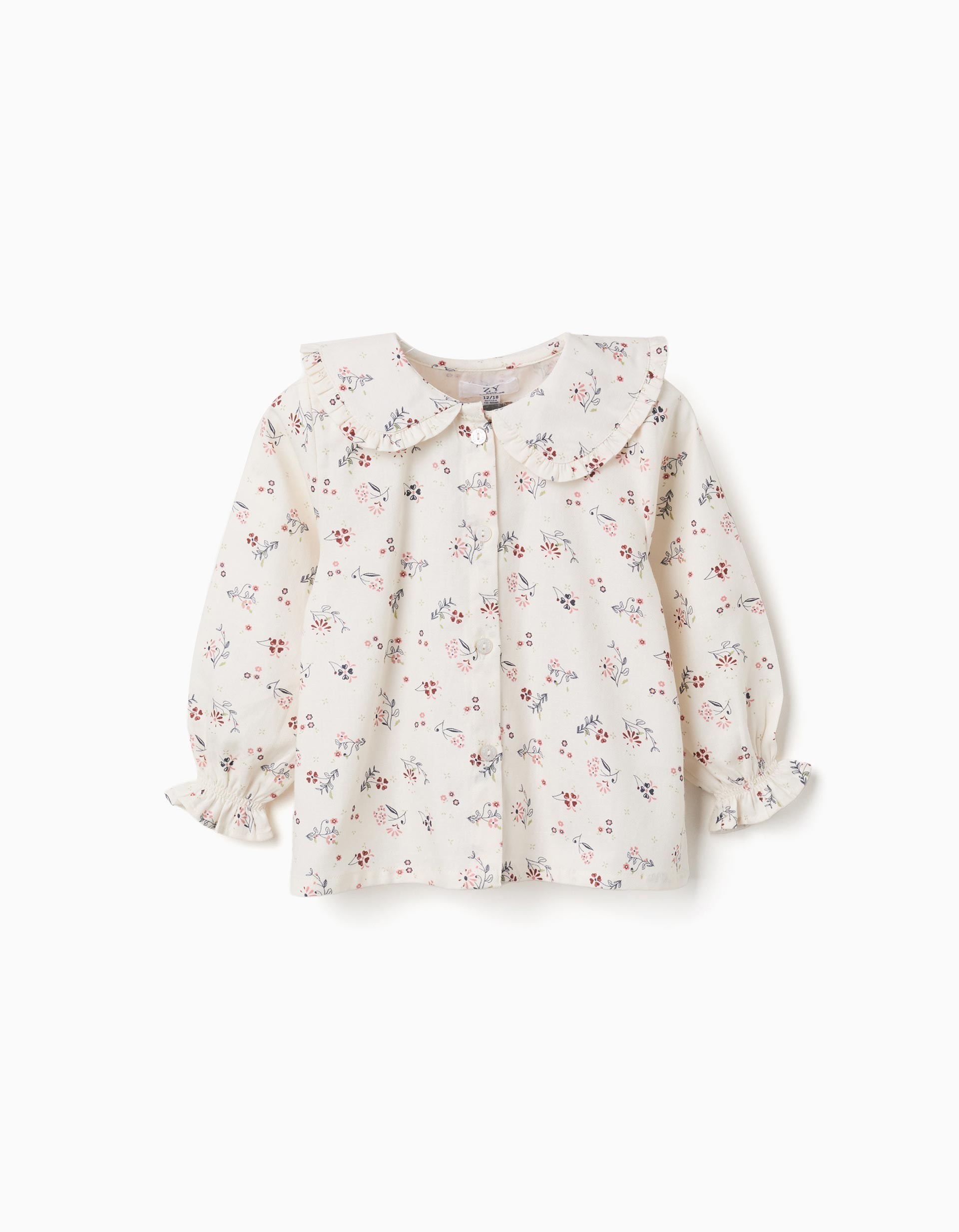 Camisa bebé niña Zippy Baby Collection blanco roto crema manga larga estampado floral flores rosa burdeos azul verde cuello babero volante botones delanteros puños elásticos volante.