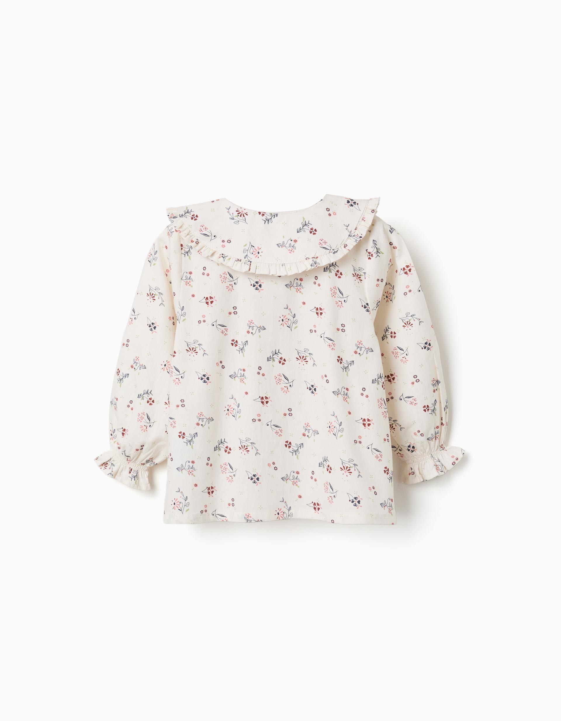 Camisa bebé niña Zippy Baby Collection blanco roto crema manga larga estampado floral flores rosa burdeos azul verde cuello babero volante botones delanteros puños elásticos volante.