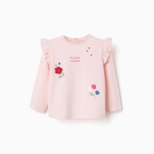 Camiseta bebé niña rosa claro manga larga volantes hombros flores bordadas roja tulipán blanco azul texto My Heart My Home corazones rojos abertura espalda botón