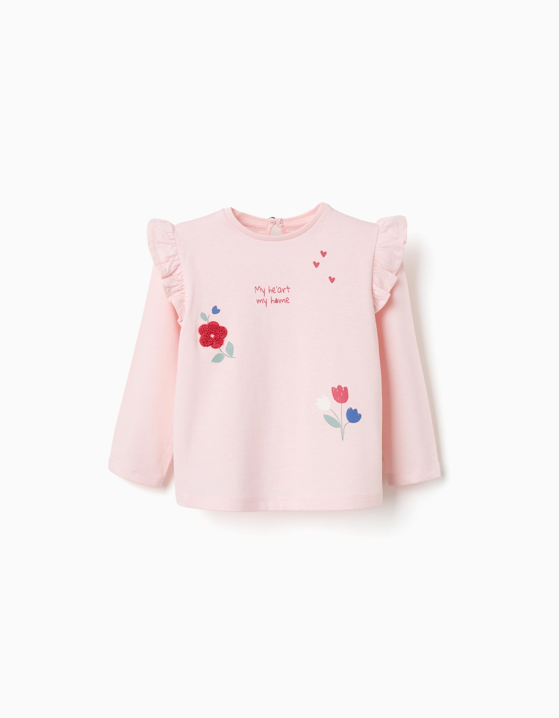 Camiseta bebé niña rosa claro manga larga volantes hombros flores bordadas roja tulipán blanco azul texto My Heart My Home corazones rojos abertura espalda botón
