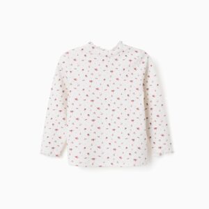 Camiseta bebé niña manga larga blanco roto crudo estampado floral flores rosas rojas punto canalé cuello alto volantes abertura hombro botones presión puños volantes, zippy