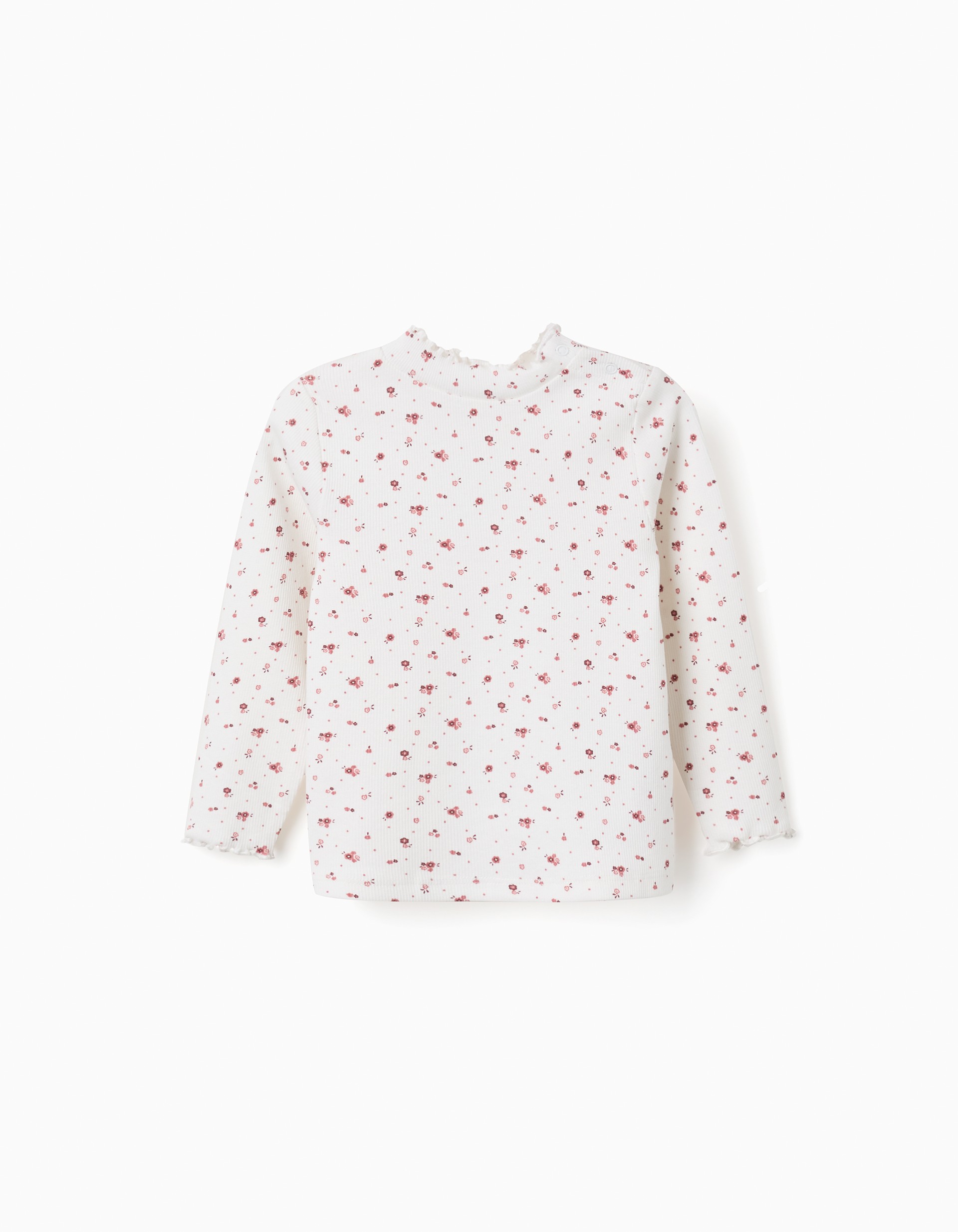 Camiseta bebé niña manga larga blanco roto crudo estampado floral flores rosas rojas punto canalé cuello alto volantes abertura hombro botones presión puños volantes, zippy