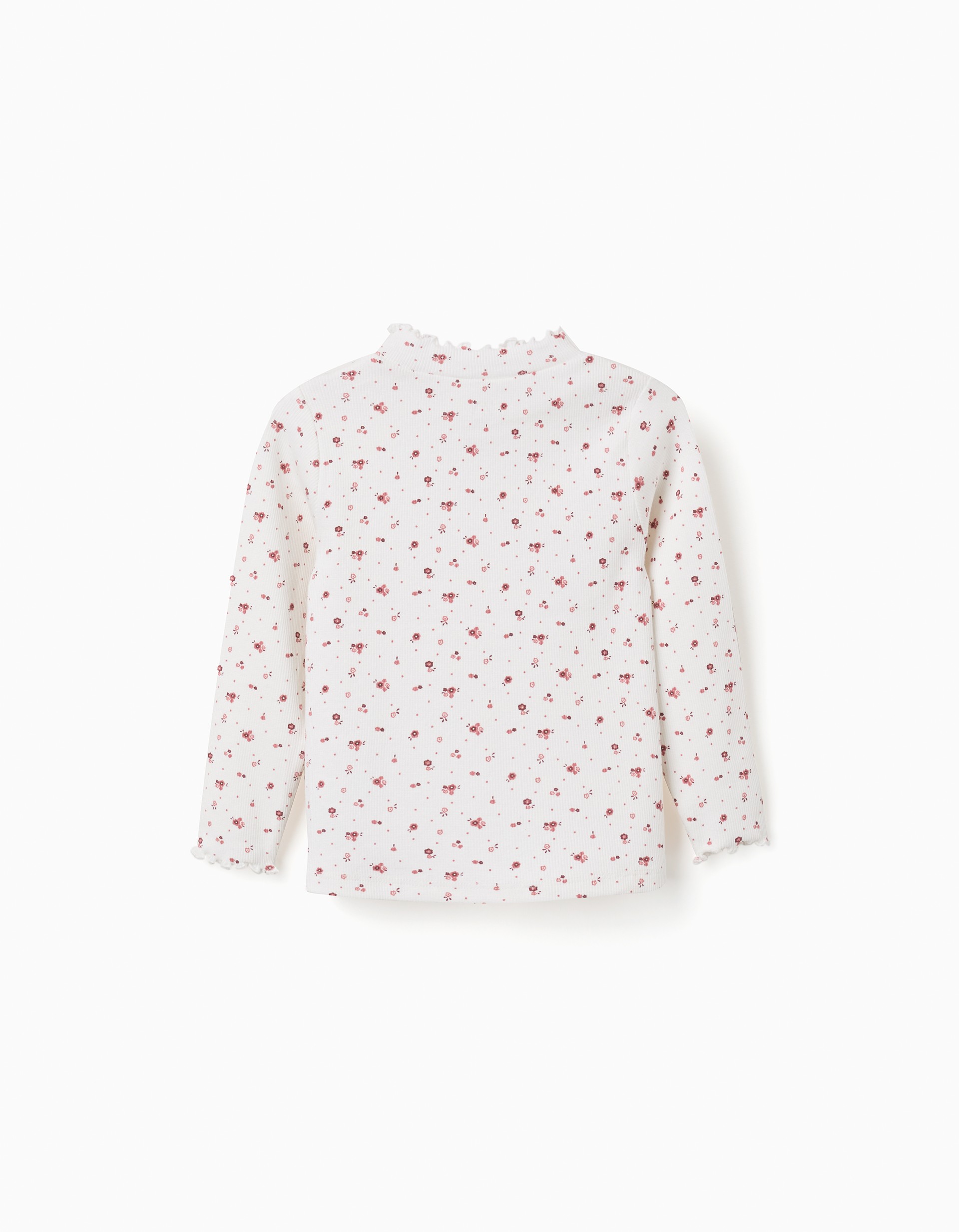 Camiseta bebé niña manga larga blanco roto crudo estampado floral flores rosas rojas punto canalé cuello alto volantes abertura hombro botones presión puños volantes, zippy