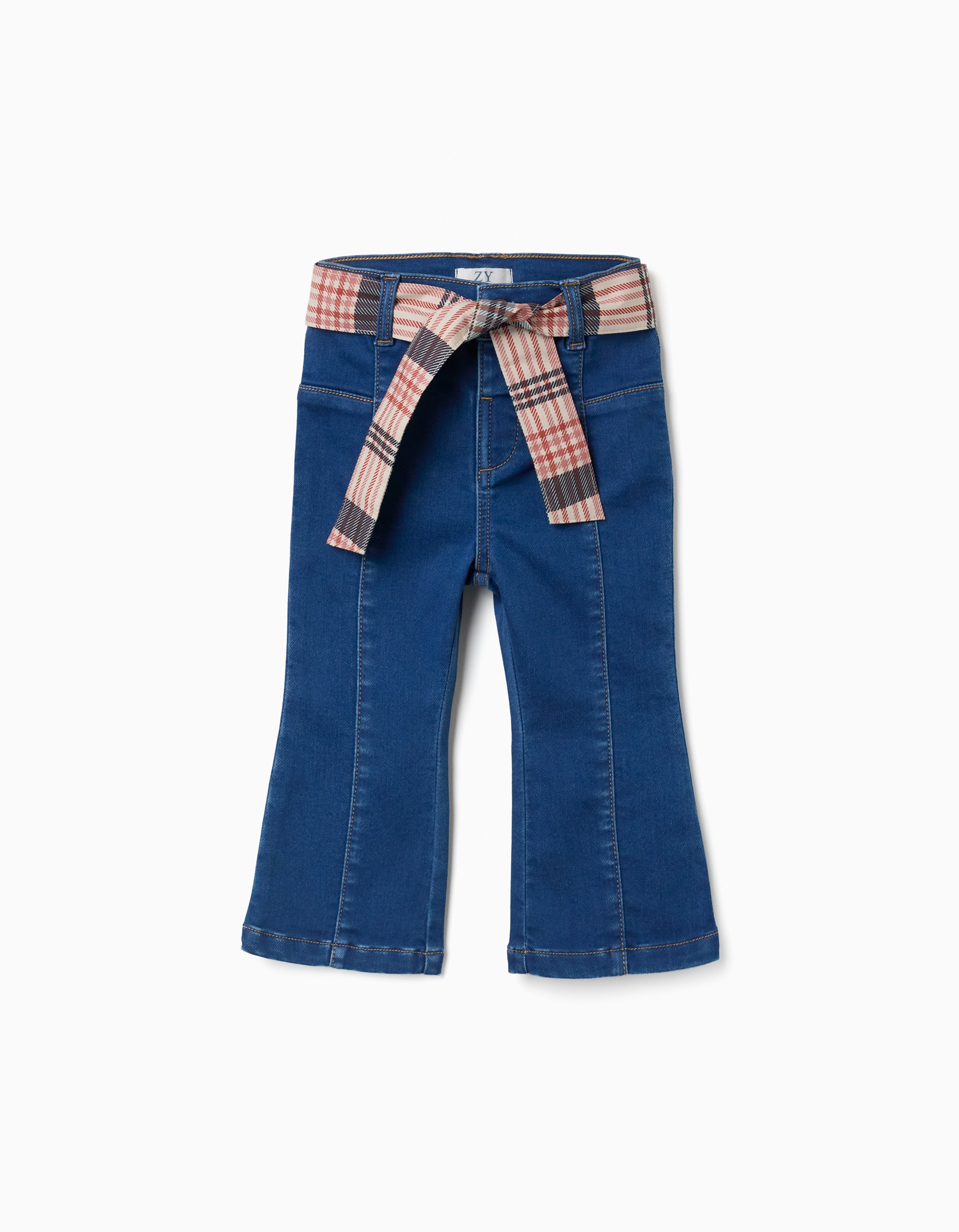 Vaqueros niña campana flare azul denim cinturón tela cuadros tartán beige rosa marrón azul cintura ajustable elástico botones internos bolsillos delanteros bolsillos parche traseros marca Zippy