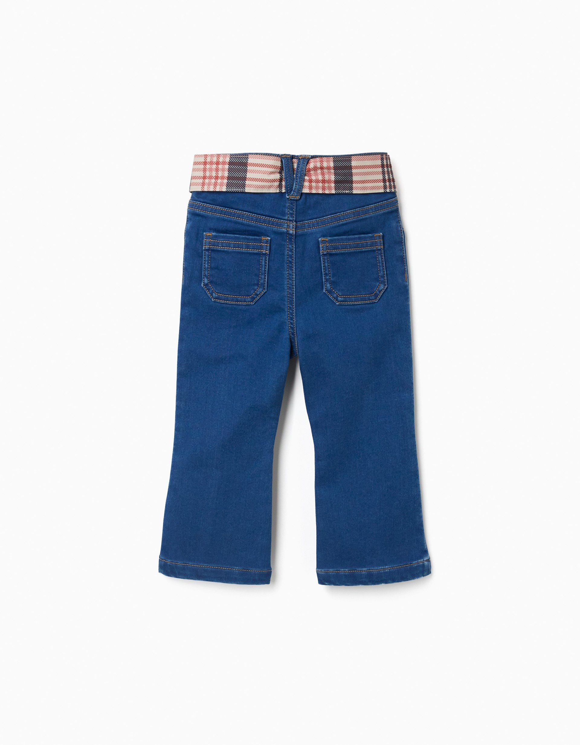 Vaqueros niña campana flare azul denim cinturón tela cuadros tartán beige rosa marrón azul cintura ajustable elástico botones internos bolsillos delanteros bolsillos parche traseros marca Zippy