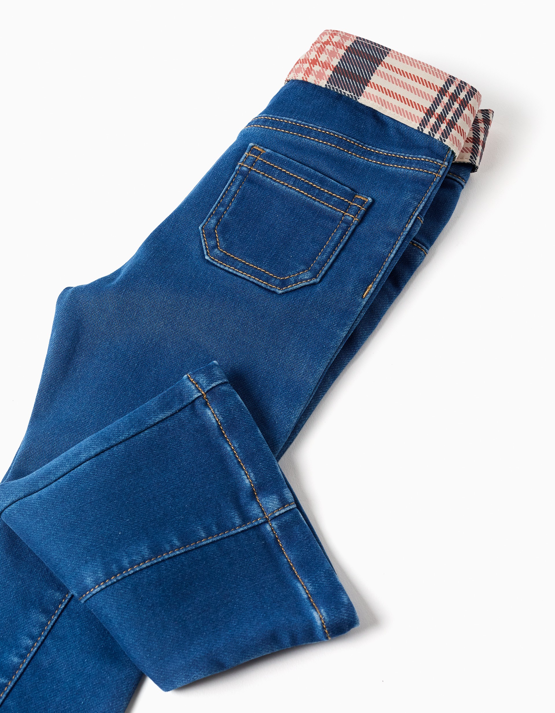 Vaqueros niña campana flare azul denim cinturón tela cuadros tartán beige rosa marrón azul cintura ajustable elástico botones internos bolsillos delanteros bolsillos parche traseros marca Zippy