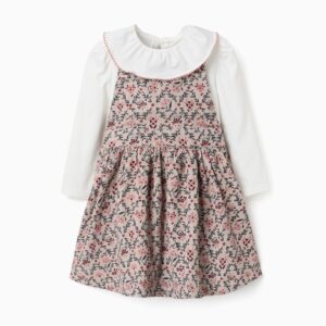 Conjunto bebé niña pichi vestido tirantes pana fina beige rosa empolvado estampado floral rosa burdeos azul verdoso blusa manga larga blanco roto crema cuello babero volante borde festoneado rosa botones espalda tirantes ajustables botones cierre lateral falda fruncida