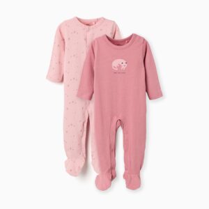 Pack 2 peleles pijama bebé niña Zippy Baby rosa floral estampado flores rosa verde gato durmiendo Voici mon chat algodón manga larga pies cubiertos automáticos hombro entrepierna