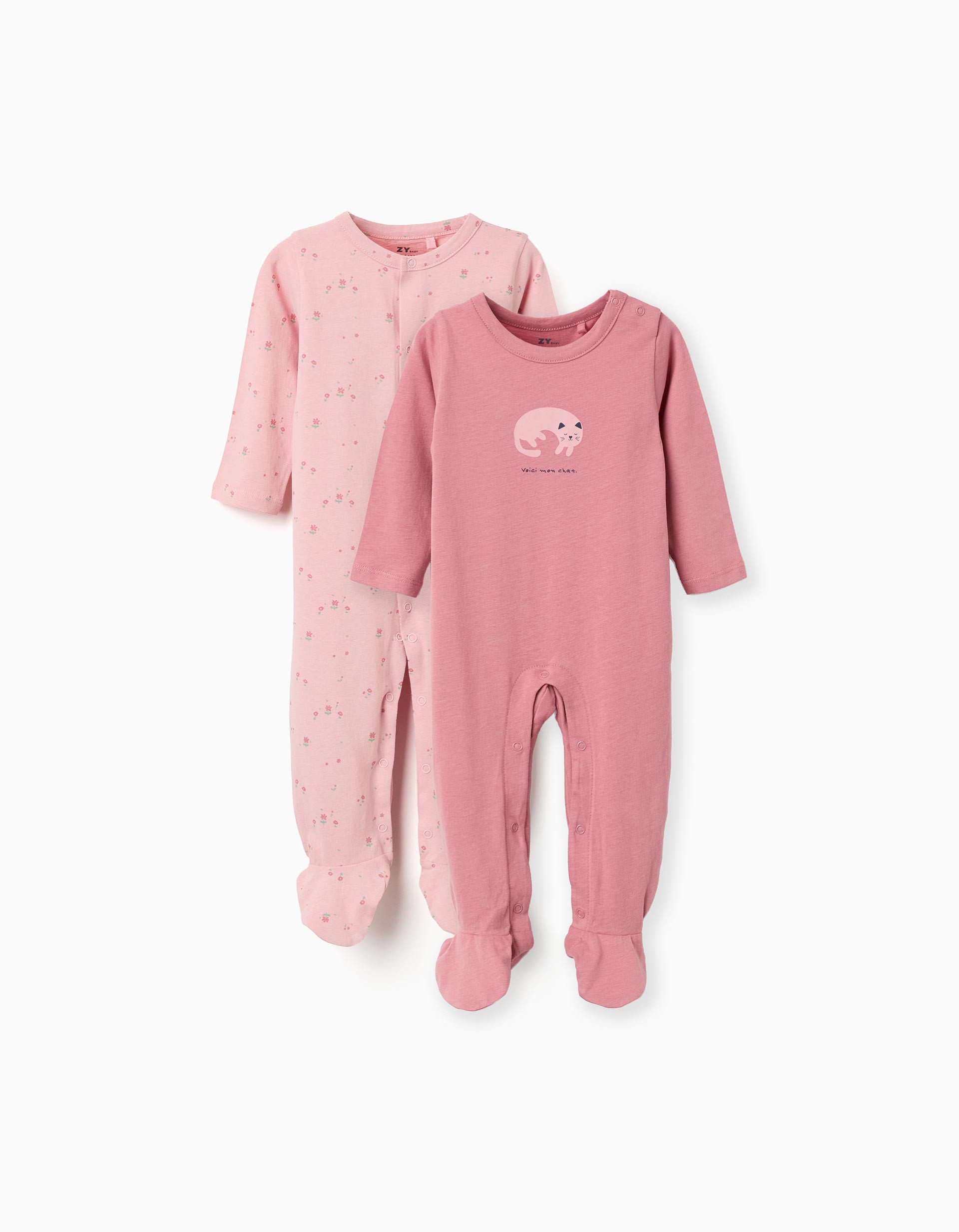 Pack 2 peleles pijama bebé niña Zippy Baby rosa floral estampado flores rosa verde gato durmiendo Voici mon chat algodón manga larga pies cubiertos automáticos hombro entrepierna