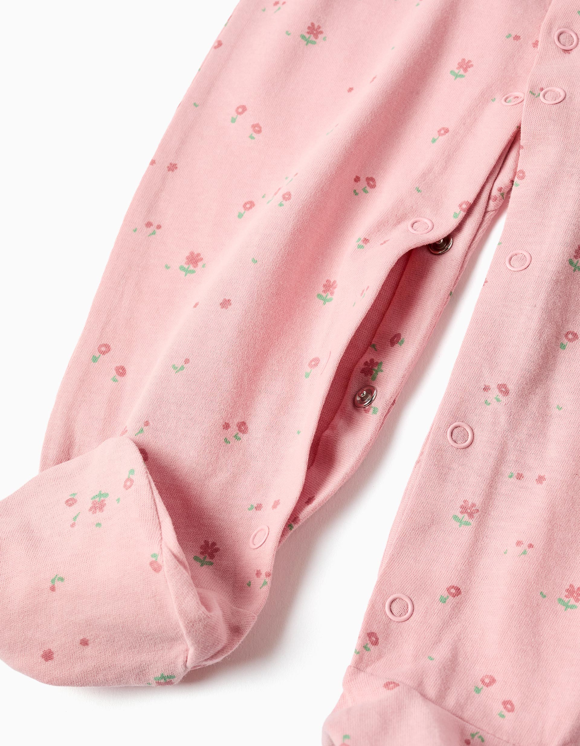 Pack 2 peleles pijama bebé niña Zippy Baby rosa floral estampado flores rosa verde gato durmiendo Voici mon chat algodón manga larga pies cubiertos automáticos hombro entrepierna