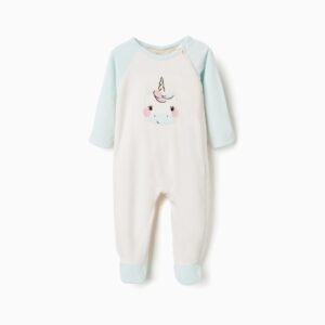 Pelele bebé Zippy unicornio blanco roto crema azul menta verde agua mangas raglán pies cubiertos cuello redondo cremallera lateral