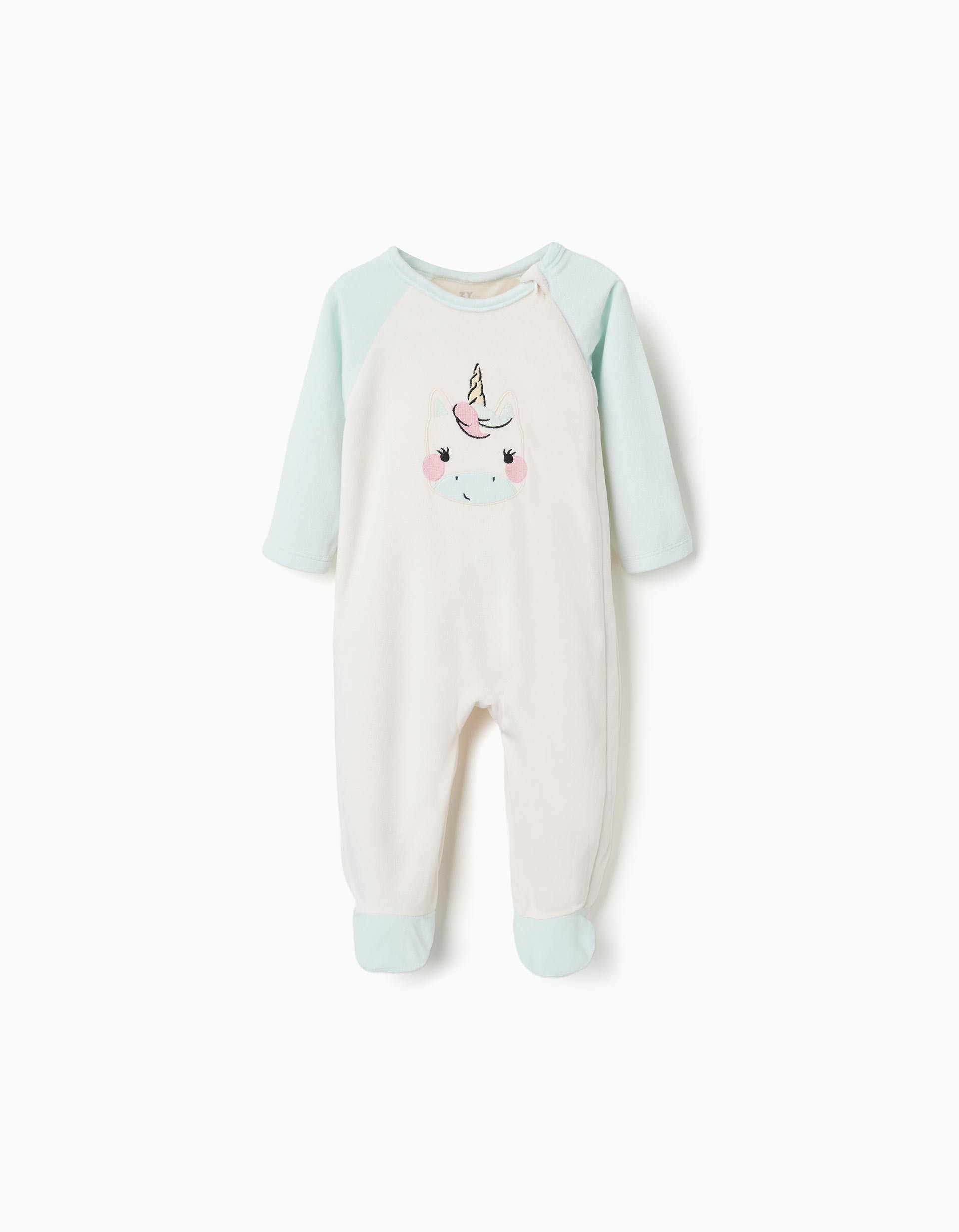 Pelele bebé Zippy unicornio blanco roto crema azul menta verde agua mangas raglán pies cubiertos cuello redondo cremallera lateral