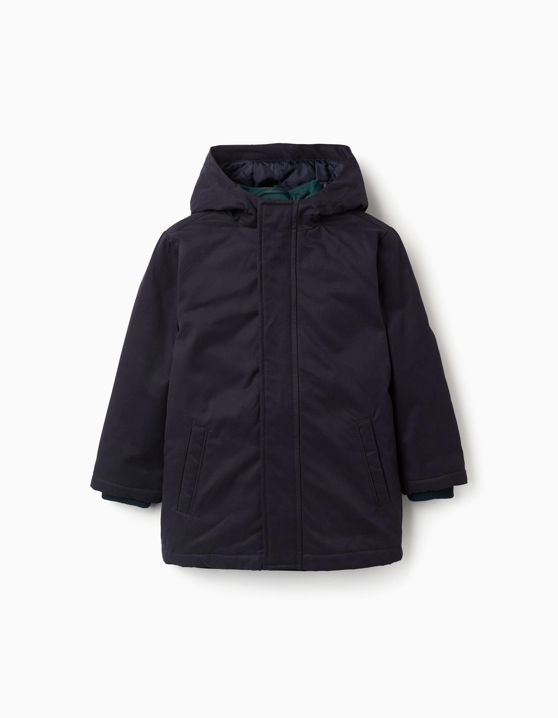Parka niño 3 en 1 ZY Collection azul marino chaleco desmontable verde oscuro capucha cremallera botones bolsillos laterales puños acanalados