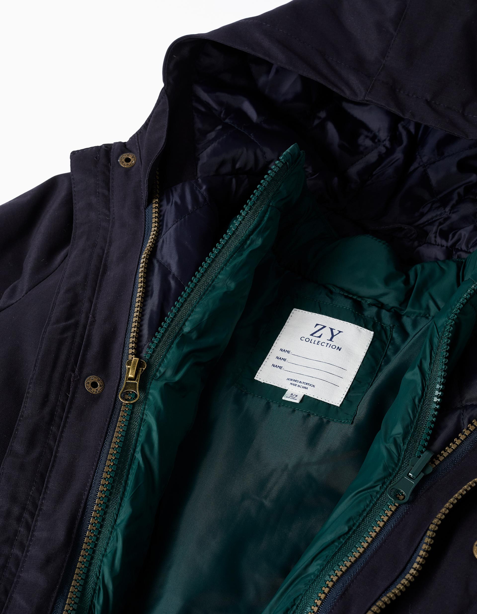 Parka niño 3 en 1 ZY Collection azul marino chaleco desmontable verde oscuro capucha cremallera botones bolsillos laterales puños acanalados