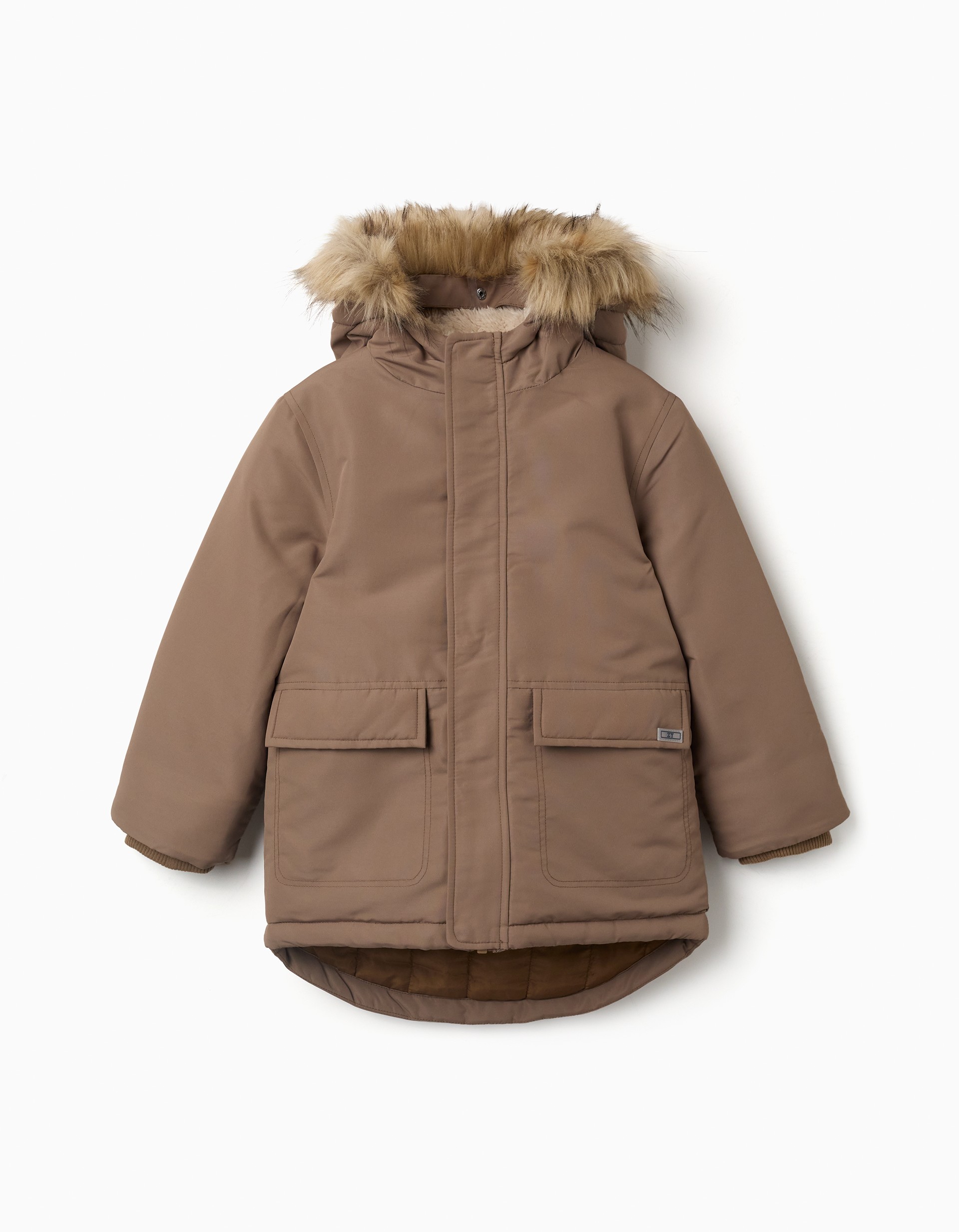Abrigo niño ZY Collection camel marrón claro acolchado capucha forro borreguito pelo sintético desmontable cremallera botones bolsillos puños acanalados