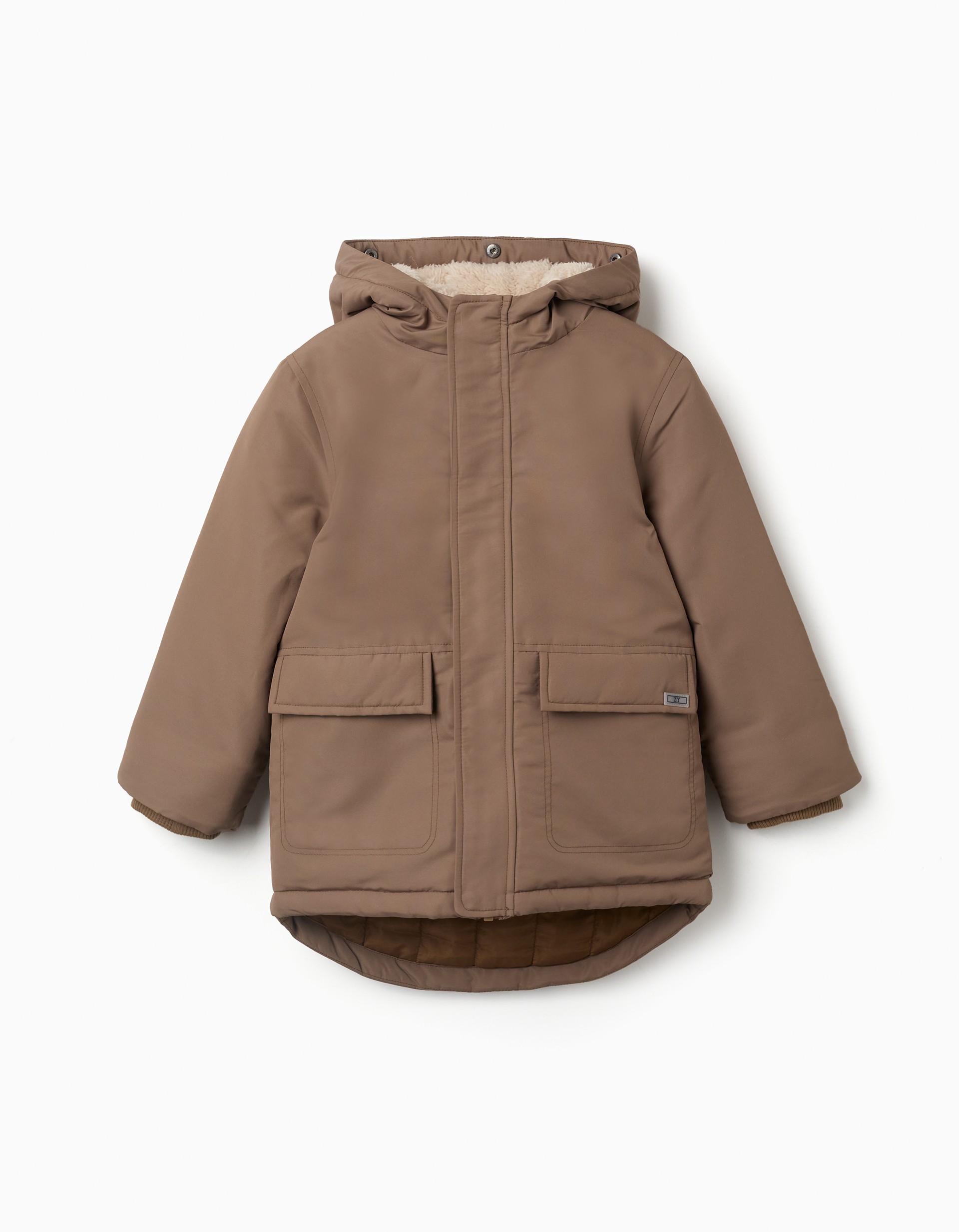 Abrigo niño ZY Collection camel marrón claro acolchado capucha forro borreguito pelo sintético desmontable cremallera botones bolsillos puños acanalados