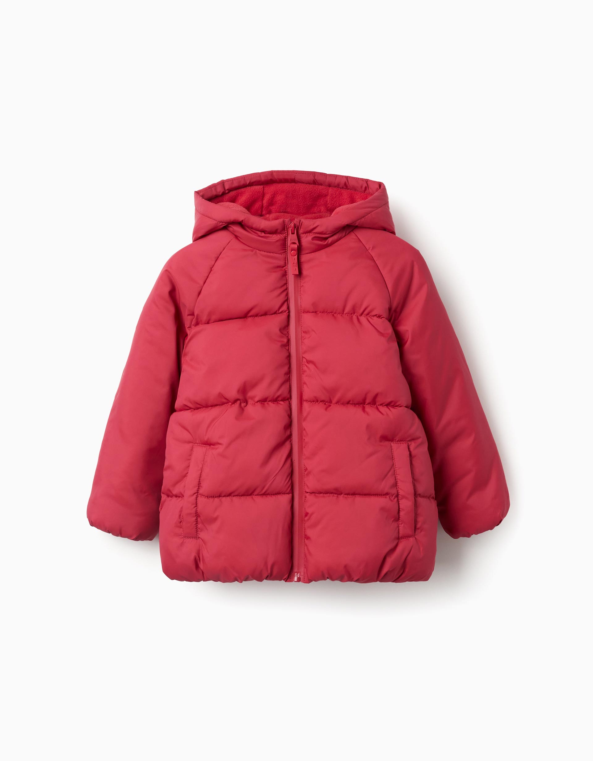 Abrigo bebé niño Zippy rojo intenso chaqueta acolchada capucha fija cierre cremallera forro polar rojo bolsillos laterales mangas largas puños elásticos bajo elástico.