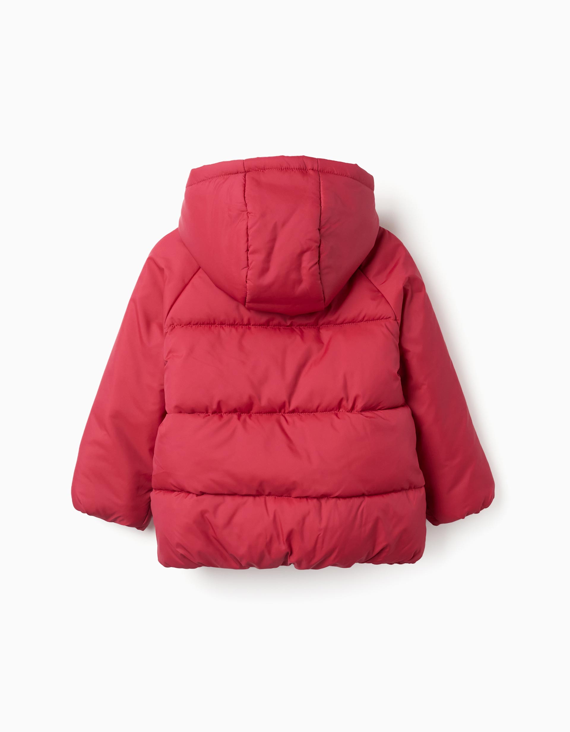 Abrigo bebé niño Zippy rojo intenso chaqueta acolchada capucha fija cierre cremallera forro polar rojo bolsillos laterales mangas largas puños elásticos bajo elástico.
