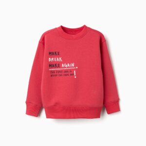 Sudadera niño rojo coral rojizo cuello redondo mensaje Make Break Make Again The first idea is never the final one mangas largas puños acanalados bajo acanalado