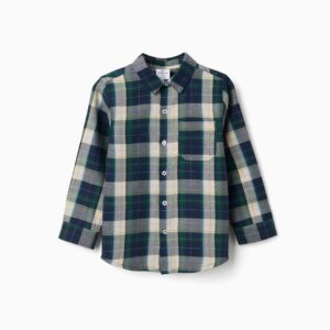 Camisa bebe niño Zippy cuadros escoceses verde oscuro azul marino gris beige crema líneas amarillas azules cuello clásico botones bolsillo pecho puños botón