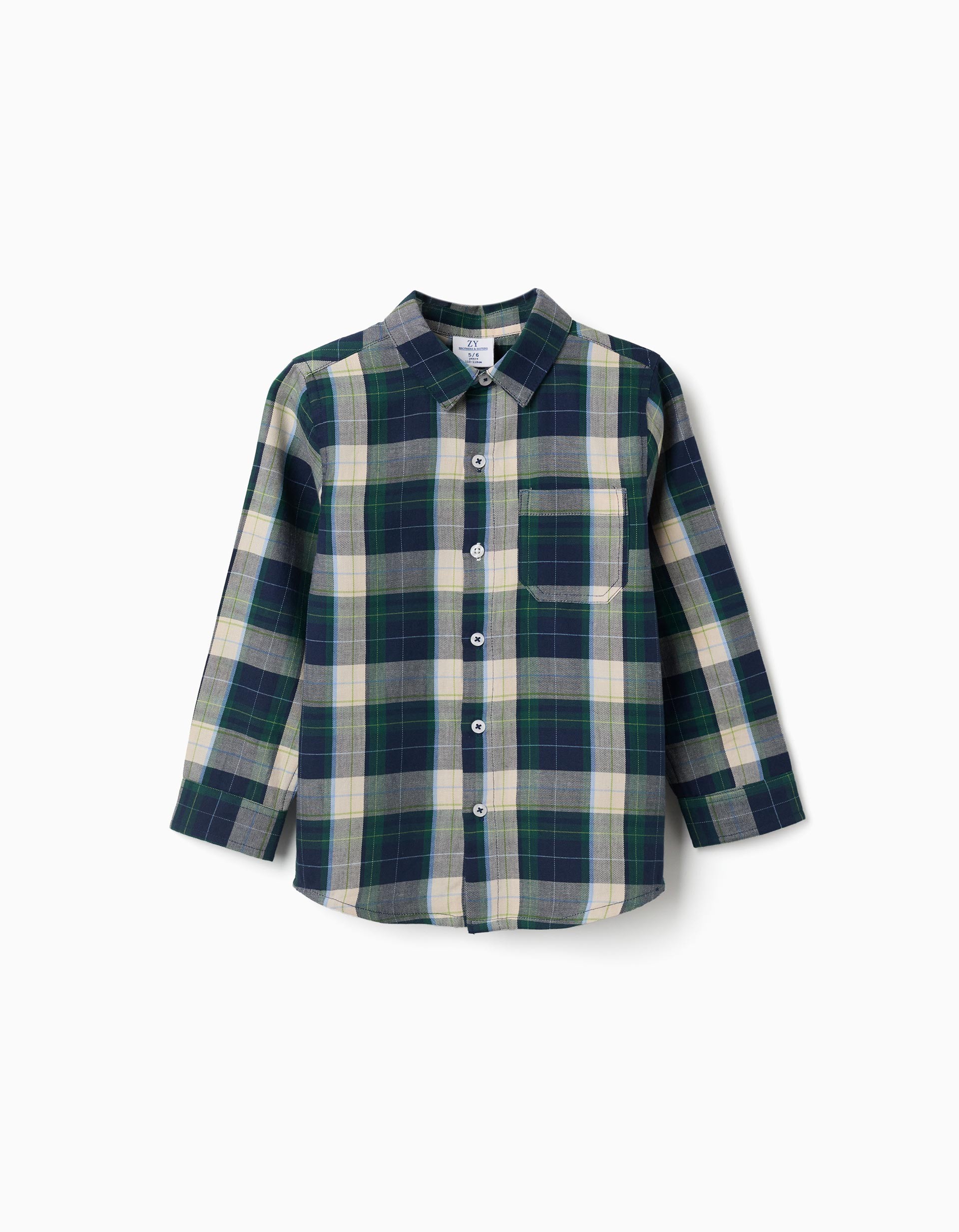 Camisa bebe niño Zippy cuadros escoceses verde oscuro azul marino gris beige crema líneas amarillas azules cuello clásico botones bolsillo pecho puños botón