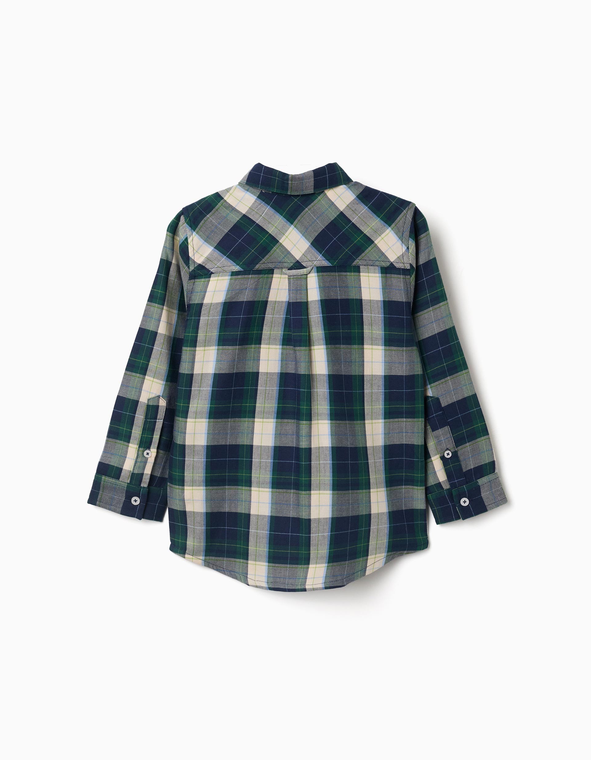 Camisa bebe niño Zippy cuadros escoceses verde oscuro azul marino gris beige crema líneas amarillas azules cuello clásico botones bolsillo pecho puños botón