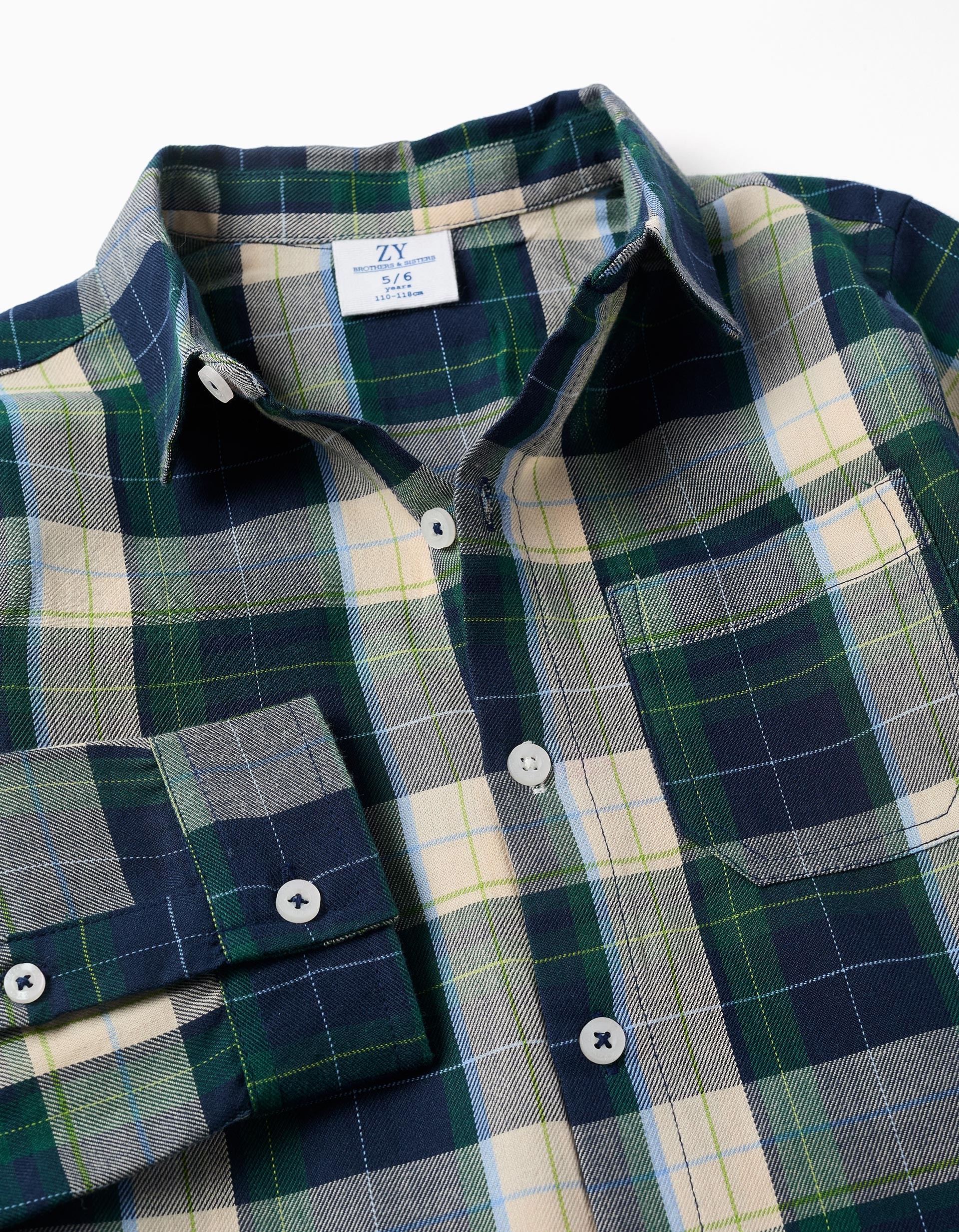 Camisa bebe niño Zippy cuadros escoceses verde oscuro azul marino gris beige crema líneas amarillas azules cuello clásico botones bolsillo pecho puños botón