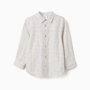 Camisa niño ZY Collection blanco roto crema cuadros pequeños rojo burdeos azul marino gris oscuro cuello clásico botones madera puños botón