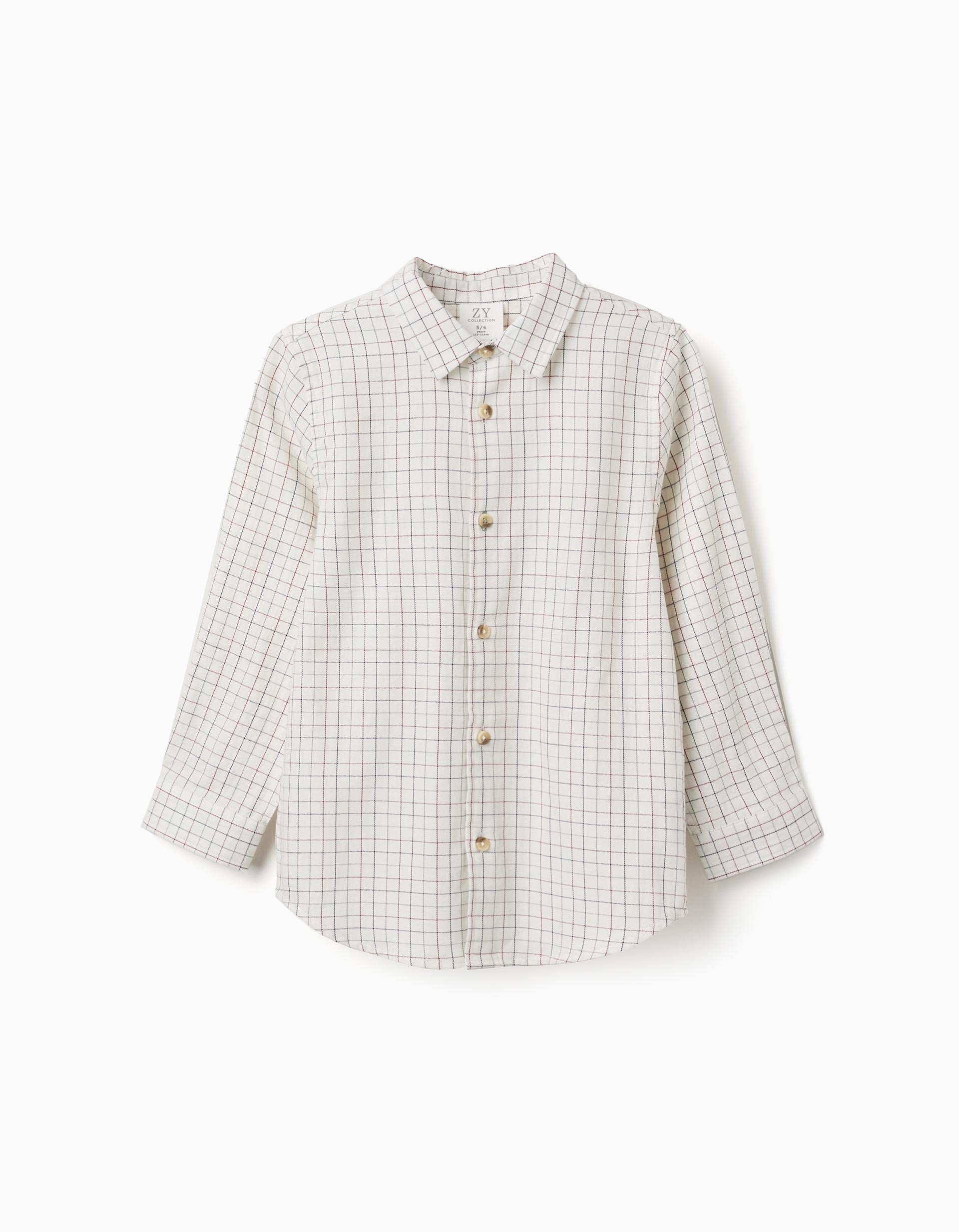 Camisa niño ZY Collection blanco roto crema cuadros pequeños rojo burdeos azul marino gris oscuro cuello clásico botones madera puños botón