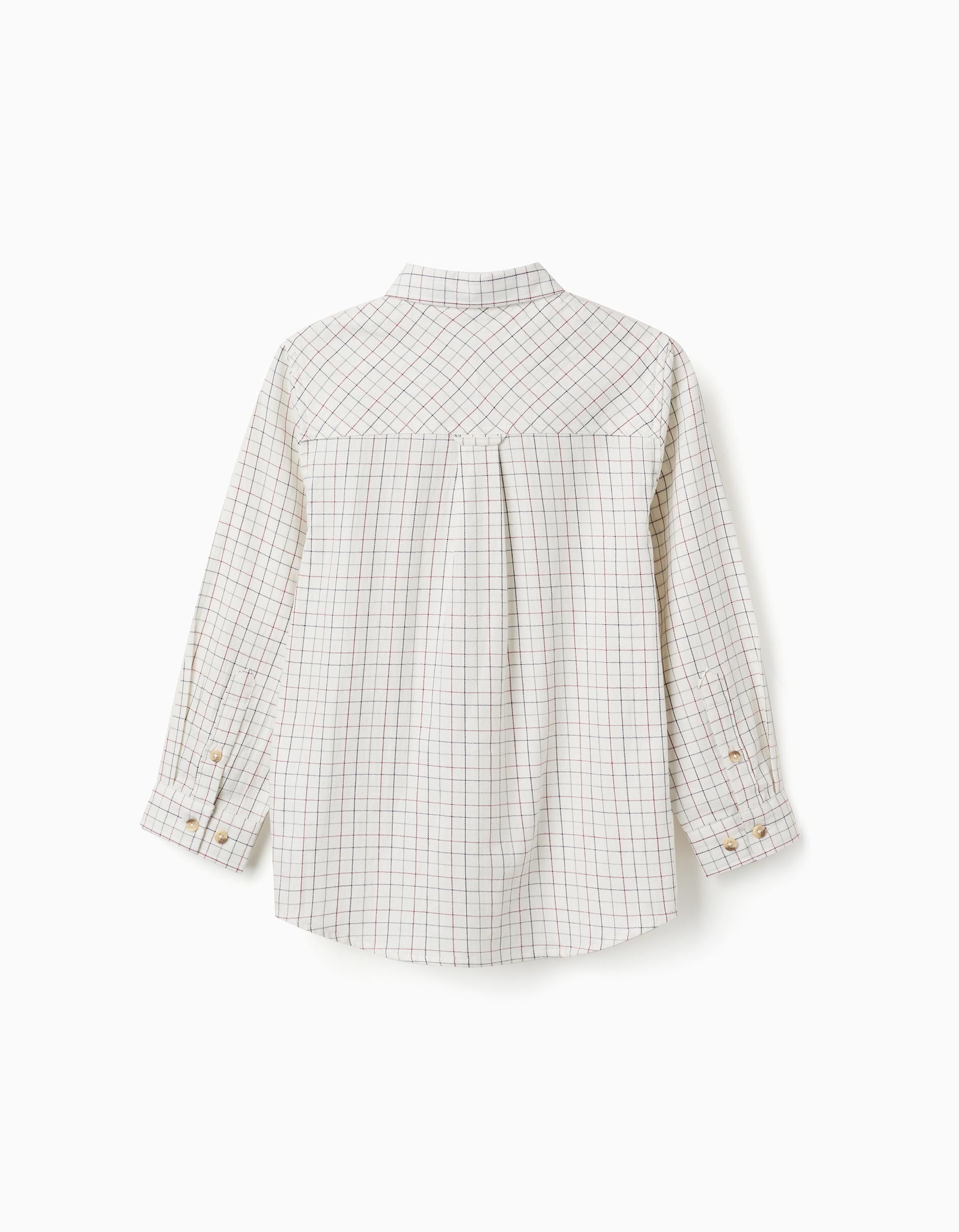 Camisa niño ZY Collection blanco roto crema cuadros pequeños rojo burdeos azul marino gris oscuro cuello clásico botones madera puños botón
