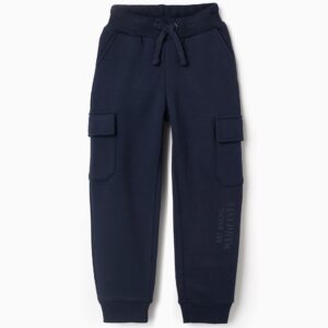 Pantalón chándal niño cargo azul marino oscuro cintura elástica cordón ajustable bolsillos laterales bolsillos parche solapa muslos bajos elásticos puño estampado relieve ART MAKING MANIFESTO