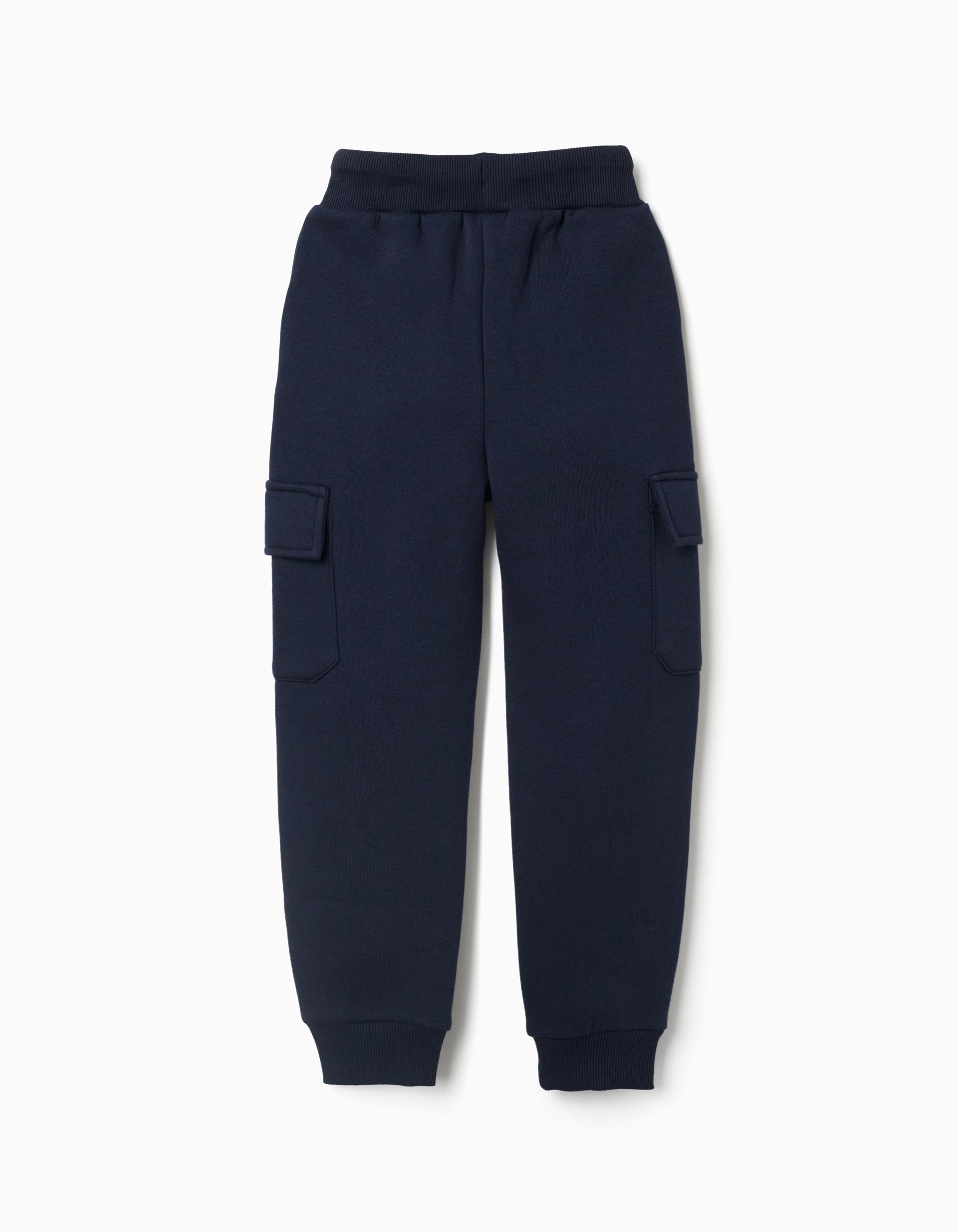 Pantalón chándal niño cargo azul marino oscuro cintura elástica cordón ajustable bolsillos laterales bolsillos parche solapa muslos bajos elásticos puño estampado relieve ART MAKING MANIFESTO