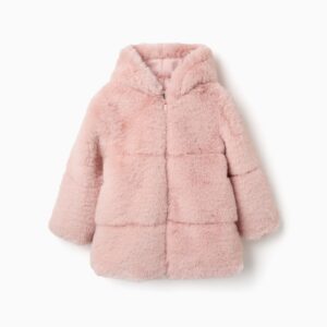 Abrigo niña pelo sintético rosa empolvado con capucha cierre cremallera bandas horizontales mangas largas forro interior rosa claro marca Zippy Collection