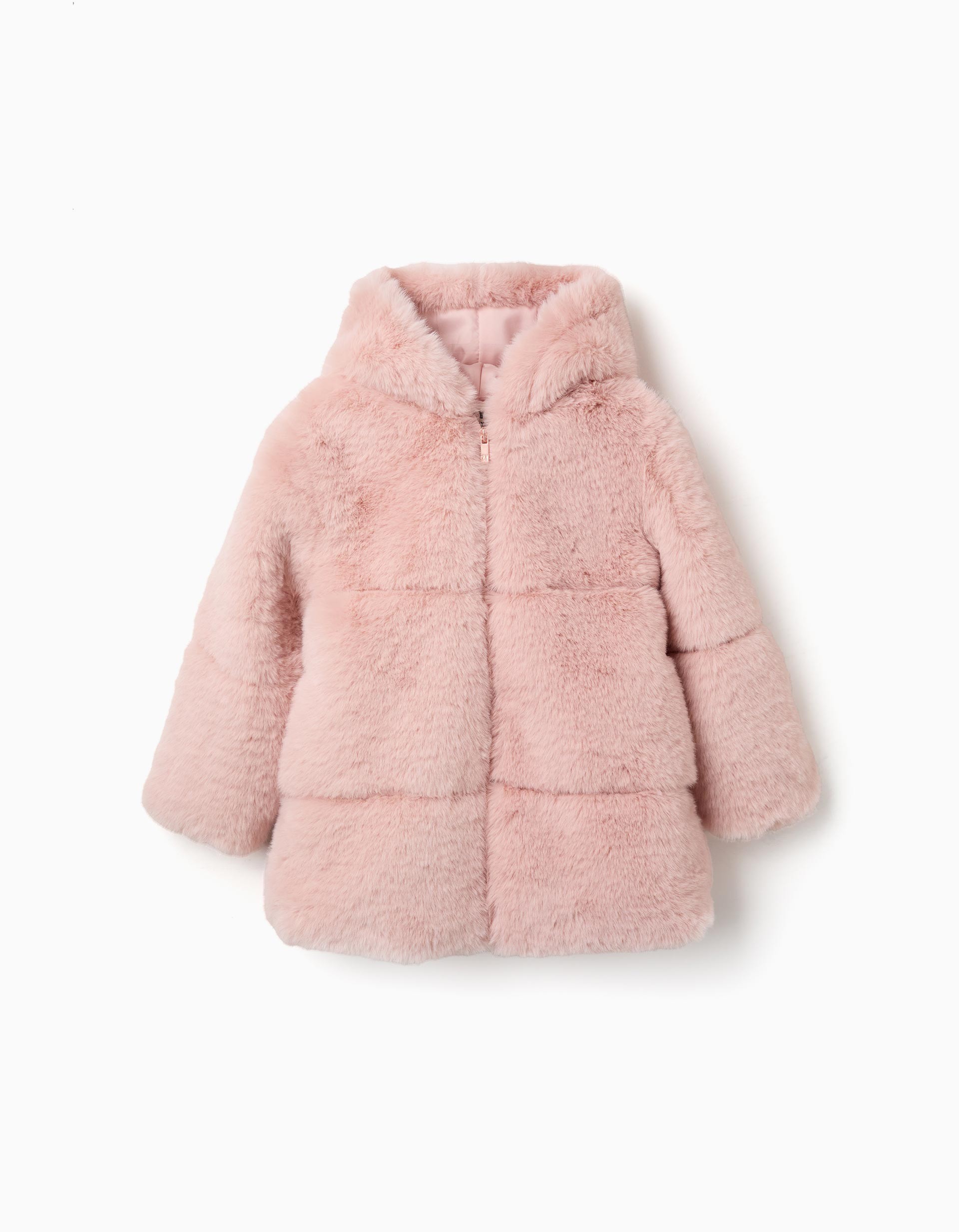 Abrigo niña pelo sintético rosa empolvado con capucha cierre cremallera bandas horizontales mangas largas forro interior rosa claro marca Zippy Collection