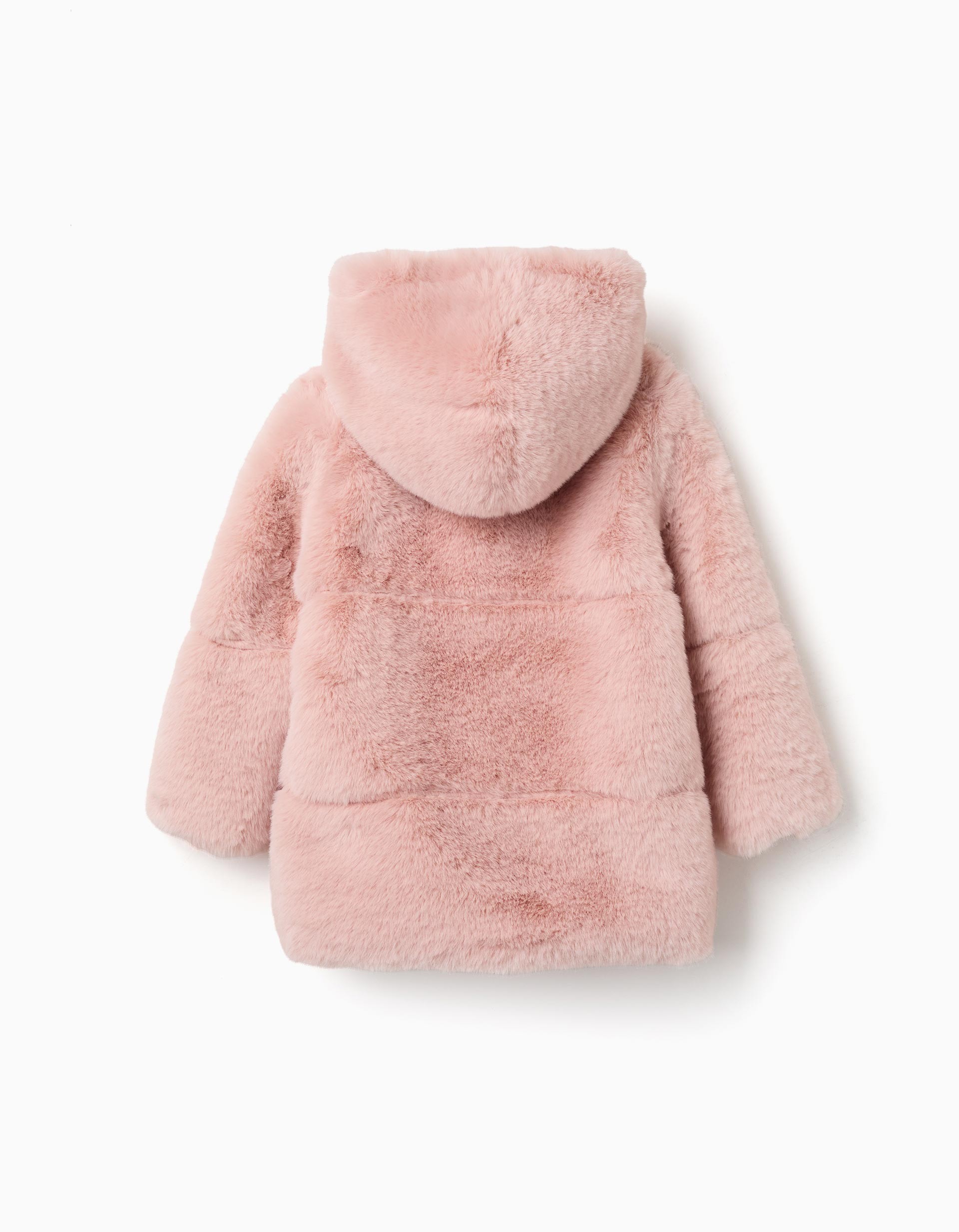 Abrigo niña pelo sintético rosa empolvado con capucha cierre cremallera bandas horizontales mangas largas forro interior rosa claro marca Zippy Collection