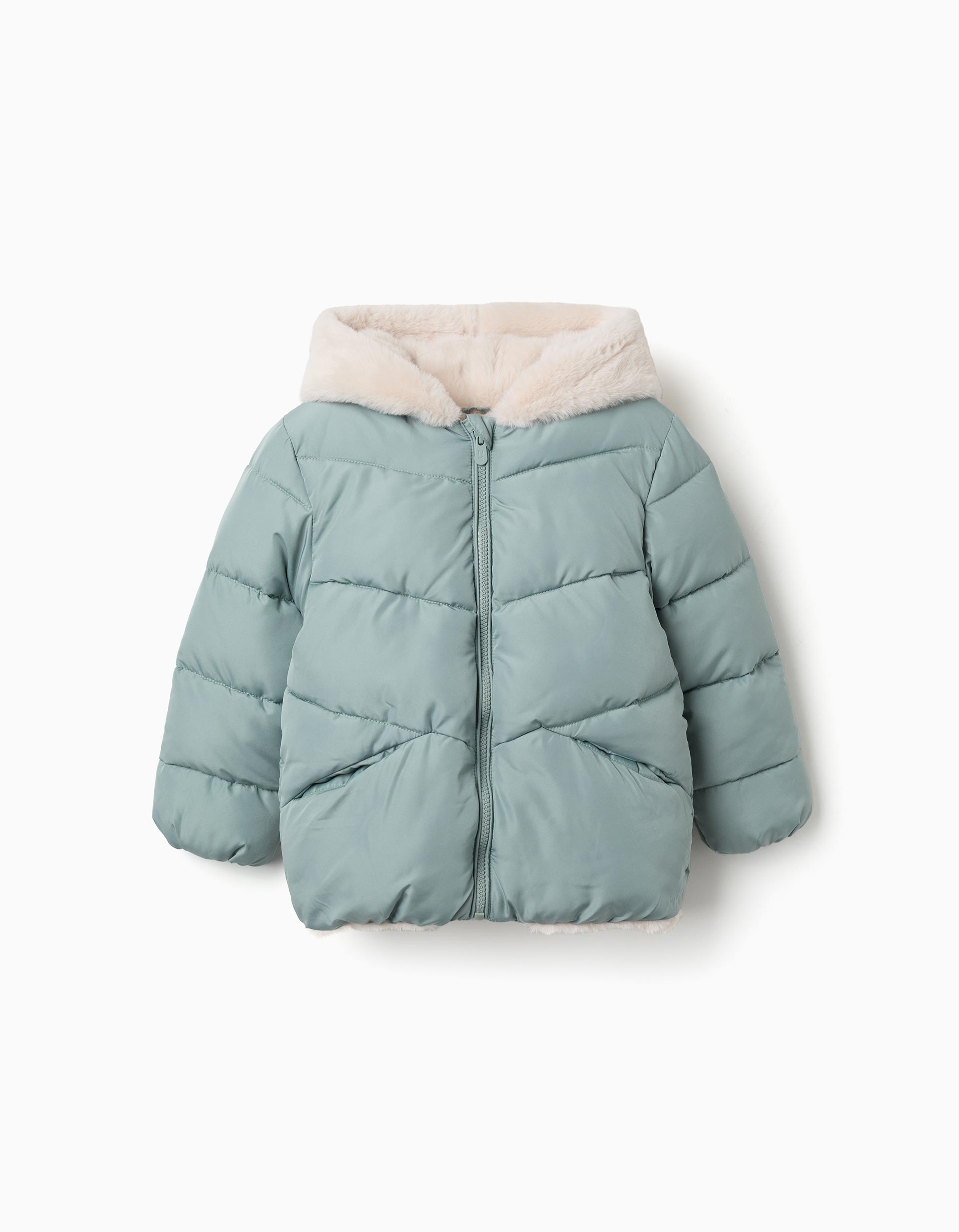 Abirgo niña acolchado verde menta capucha forro borreguito crema beige cierre cremallera mangas largas marca Zippy