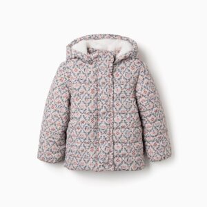 Abrigo niña zippy Collection acolchada estampado floral rosa burdeos azul verdoso beige rosa empolvado capucha forro borreguito blanco cremallera botones dorados volantes puños elásticos poliéster reciclado