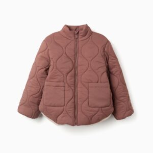 Abrigo niña Zippy acolchado ondas rosa empolvado malva marrón rosado cuello alto cremallera frontal mangas largas bolsillos parche forro borreguito blanco crema poliéster reciclado